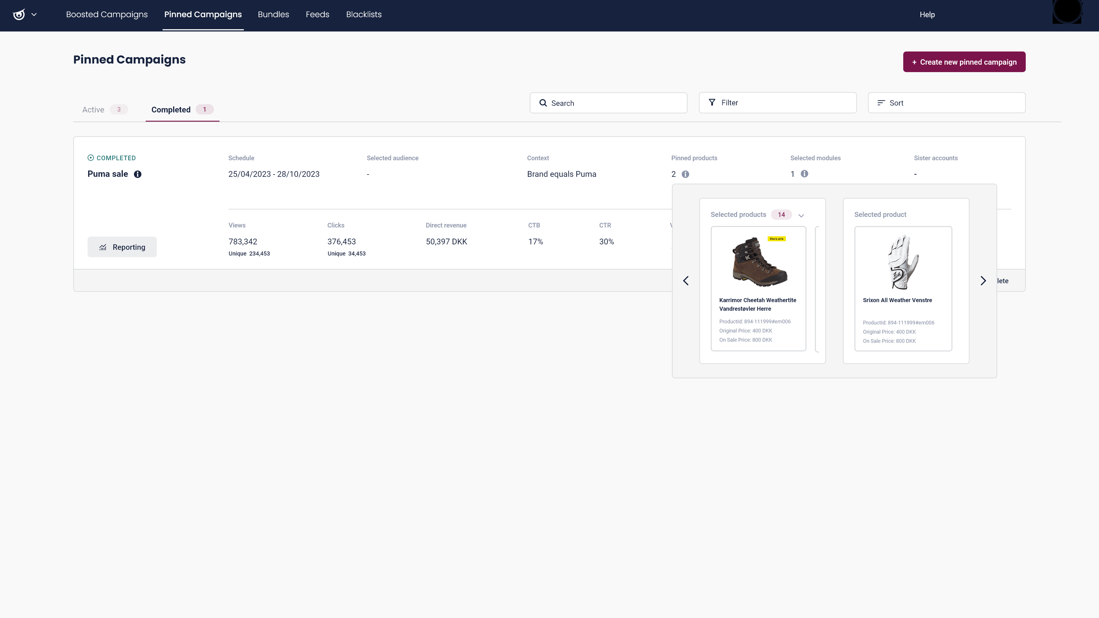 List view Pinned Campaigns - Completed – 1