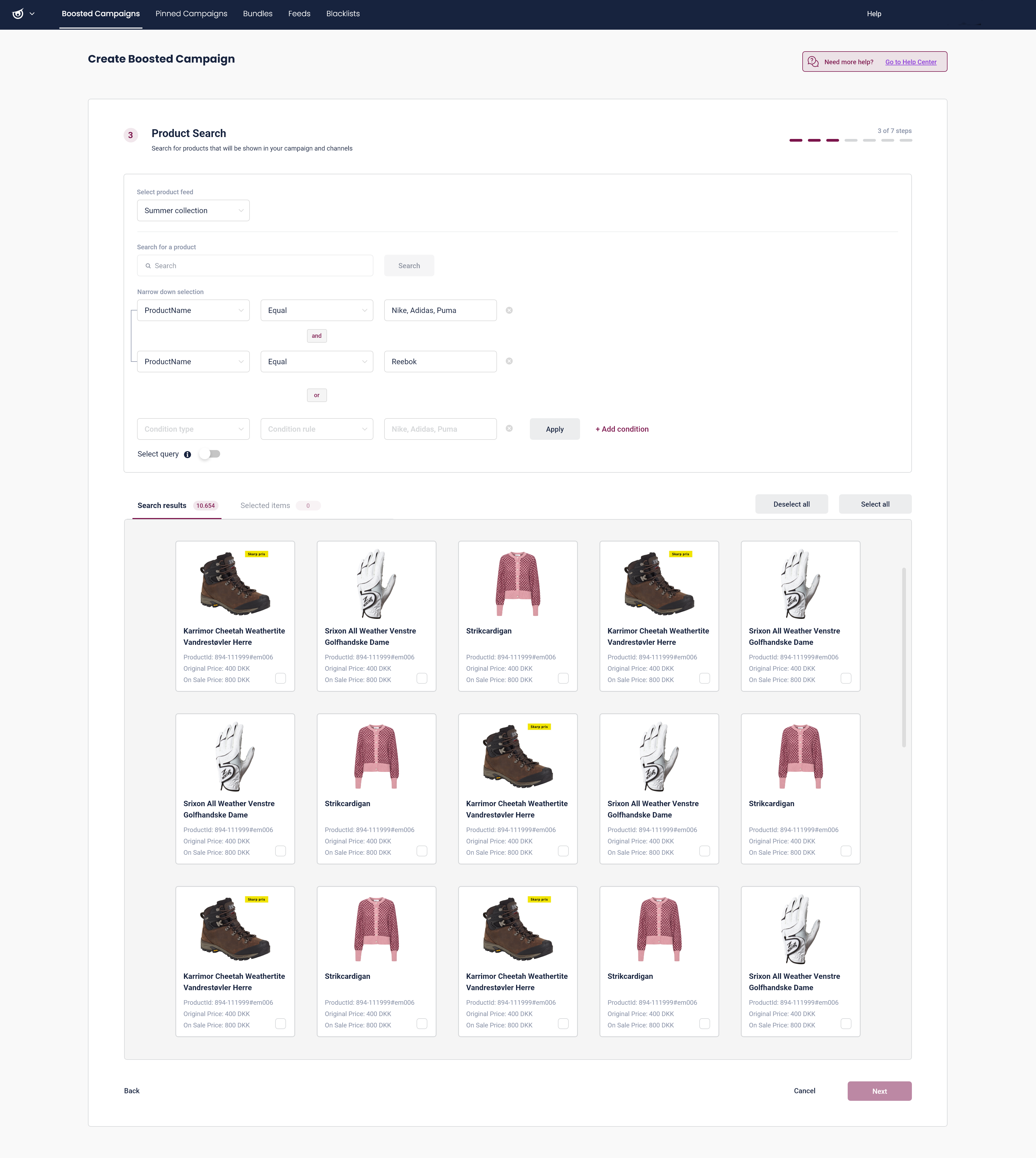 Product Search  (Condition selections)